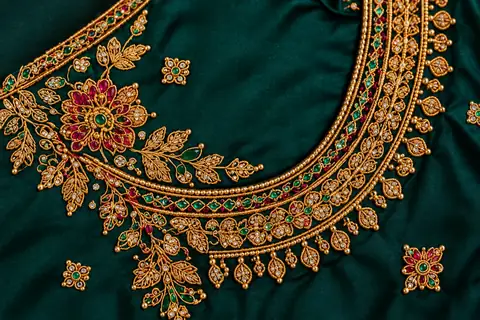 Emerald Zardosi Neckline Aari Work